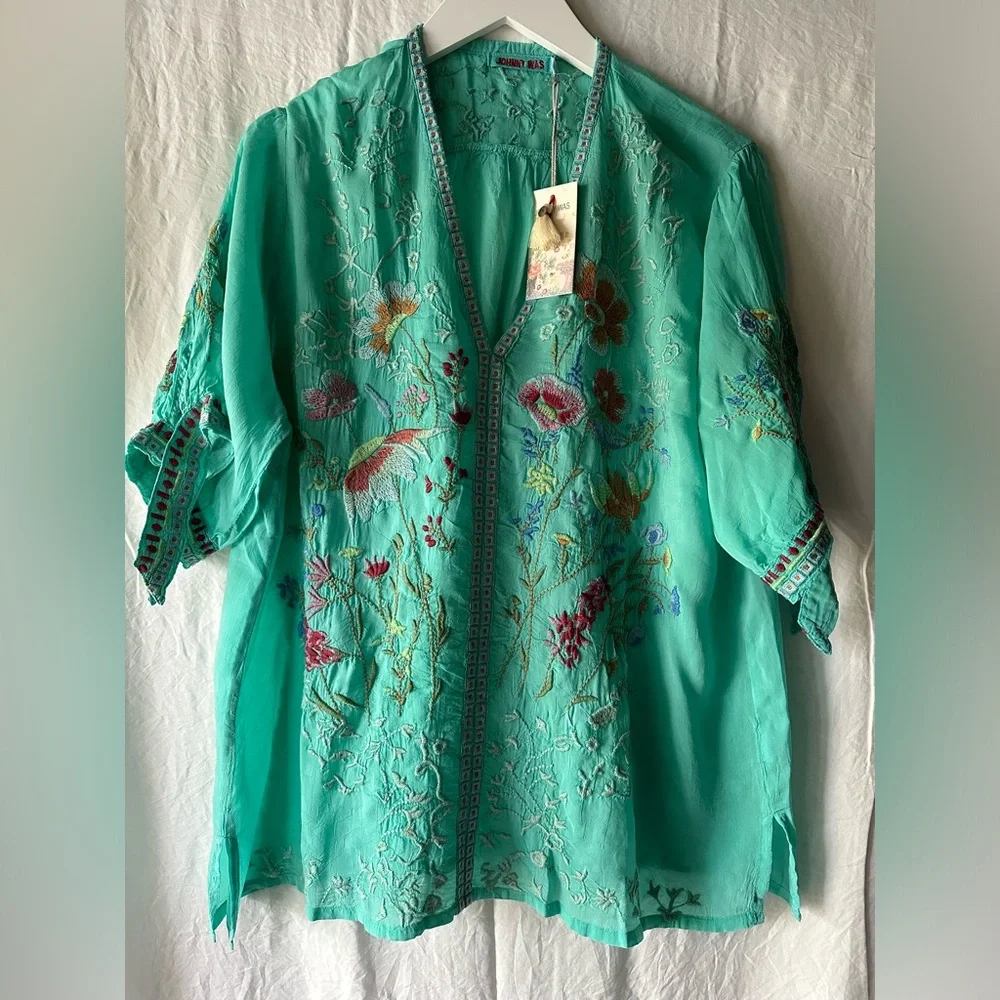 💚💙Gorgeous Johnny Was Aqua Green Blouse! - Picture 9 of 13